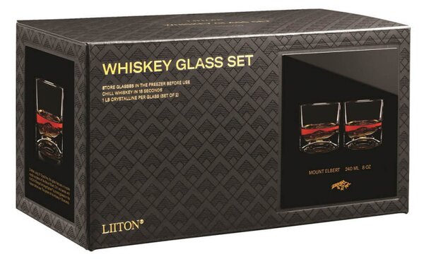 Комплект чаши за уиски LIITON 1009977 Rocky Mountain, 240 мл, 2 бр, Удебелени стени, 3D дъно с форма връх Елбърт, Прозрачен