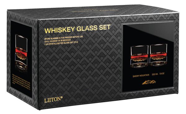 Комплект чаши за уиски LIITON 1009931 Smoky Mountain, 230 мл, 2 бр, Удебелени стени, 3D дъно с форма планина Грейт Смоуки, Прозрачен
