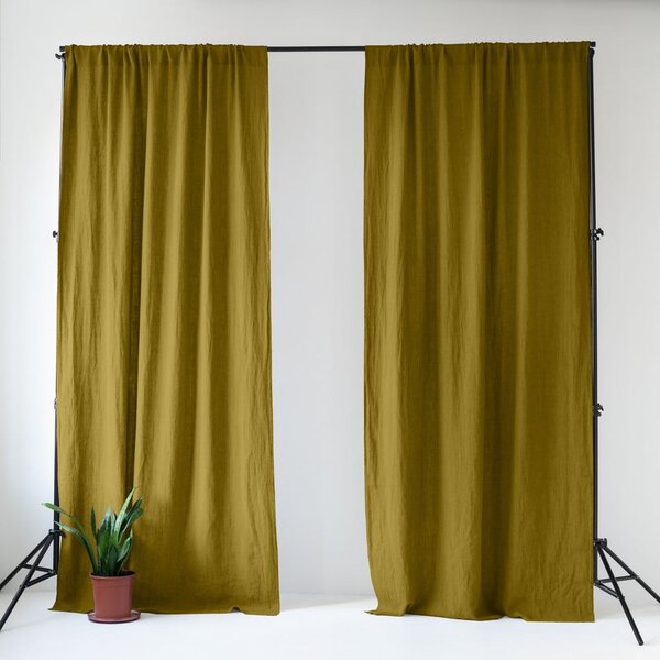 Ленено перде в цвят жълта охра и зелено 140x250 cm Moss Green – Linen Tales