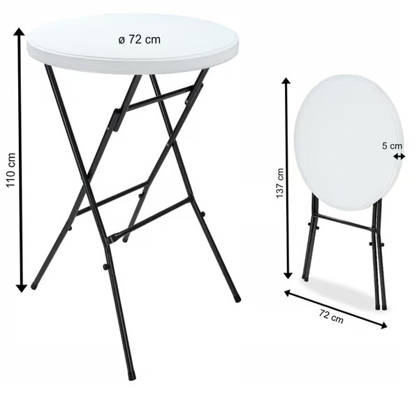 Сгъваема стояща бар маса Ø72 cm - бяла, височина 110 cm