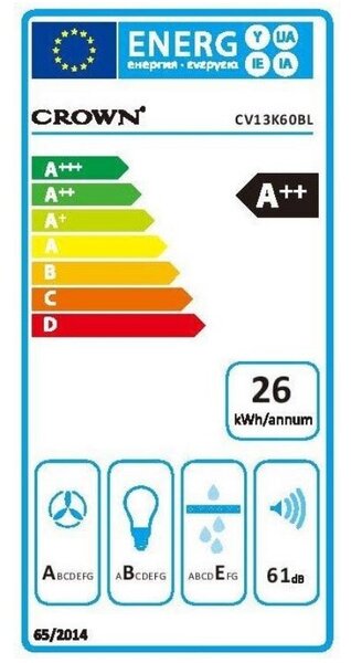 Абсорбатор за вграждане Crown CV13K60BL, Клас А++, 594 m3/h, 3 степени, Управление с жестове, LED осветление, Черен