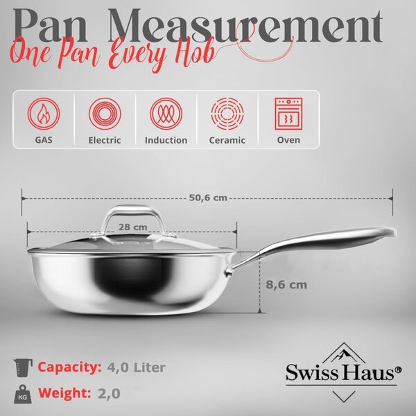 Уок тиган Swiss Haus SH-ZGW28, 28x9 см, 4 л, Sapphire-керамично покритие, Стъклен капак, Фурна до 260C, Индукция, Сребрист