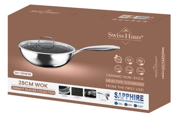 Уок тиган Swiss Haus SH-ZGW28, 28x9 см, 4 л, Sapphire-керамично покритие, Стъклен капак, Фурна до 260C, Индукция, Сребрист