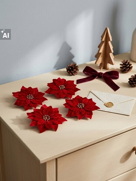 Sinsay - Декоративни коледни звезди с кадифено покритие 4 pack - червeн