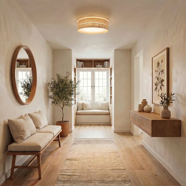 TK Lighting Таванска лампа Calma, бежова, рафия, Ø 60 cm, E27, Затъмняване, Бежов, Дневна/трапезария, Други материали