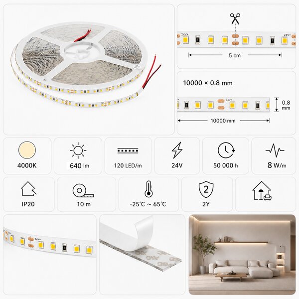 LED лента 24V, 8W/m, 120 LED/m, 4000K