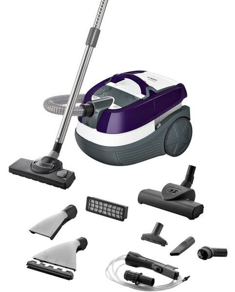 Прахосмукачка Bosch BWD41740, с торба, сухо и мокро почистване, 5 л. капацитет резервоар, 1700W, филтър Epa, турбо четка, метална телескопична тръба, лилава