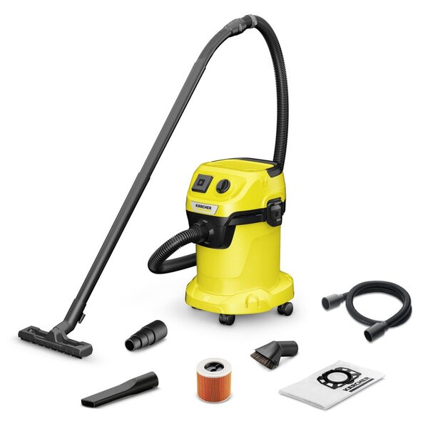 Прахосмукачка Karcher WD 3 P V-17/4/20 Workshop, с торба, 1000W, за сухо и мокро почистване, 17 л. капацитет на контейнера, жълта