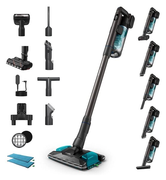 Прахосмукачка Philips SpeedPro Max 8000 Series Complete, вертикална/ръчна, безжична, 0.6л. капацитет на контейнера, до 80 минути време на работа, 3-степенна филтрация, 4 режима, PowerCyclone 12 технология, черна