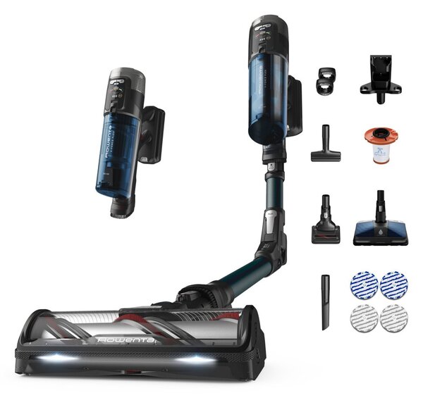 Прахосмукачка Rowenta X-Force 13.60 Animal Aqua RH9AD1WO, вертикална, безжична, 380W, 650 ml капацитет на контейнера, до 60 минути време на работа, технология Cyclone, синя