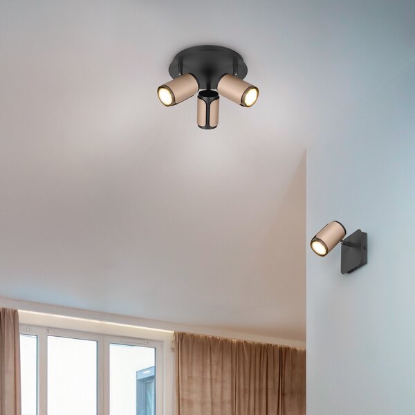 Trio Lighting Таванни прожектори Gillan, кафе, 3-пламъчни, кръгли, метал, GU10, Затъмняване, Кафяв / ръждив, Дневна/трапезария, Метал, Модерен