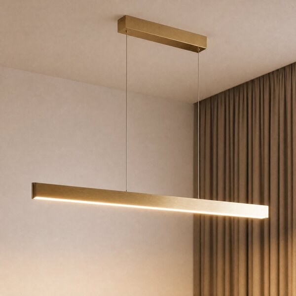 Lucande LED висяща лампа Mylosh, златиста, 150 см, CCT, с регулиране на яркостта, Затъмняване, Злато / месинг, Дневна/трапезария, Алуминий, Модерен