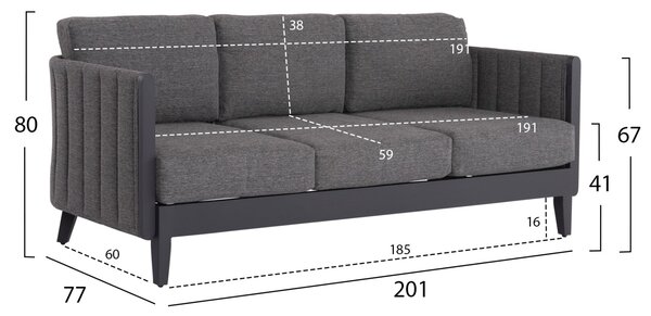 Комплект градински LARRY тъмно сив цвят/алуминий диван с 2 кресла и маса125x65x40,5