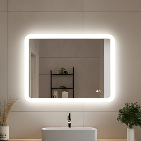 Заоблено огледало за баня с LED осветление, 80×60 см, двуцветно, тъч ключ, отоплителна подложка