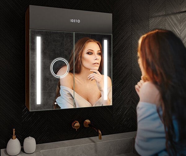 Шкаф за баня с LED огледало с подсветка - 66,5 x 72 cm със стъклени рафтове в цвят Дъб Oslo, дървен, от Artforma