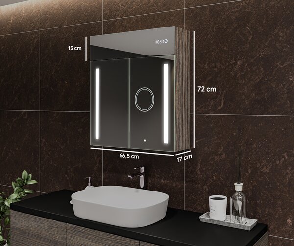 Шкаф за баня с LED огледало с подсветка - 66,5 x 72 cm със стъклени рафтове в цвят Дъб Oslo, дървен, от Artforma