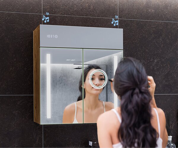 Шкаф за баня с LED огледало с подсветка - 66,5 x 72 cm със стъклени рафтове в цвят Дъб Oslo, дървен, от Artforma