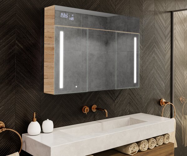 Осветен шкаф с LED огледало, модел Emily L02 - 100 x 72 cm, шкаф за баня с модерен дизайн и конфигурация на ключа за осветлението, в цвят San Marino