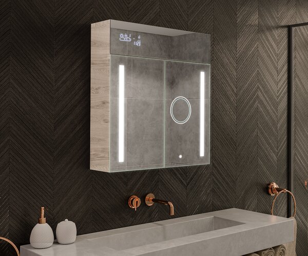Шкаф за баня с LED огледало с подсветка - 66,5 x 72 cm със стъклени рафтове в цвят Дъб Oslo, дървен, от Artforma