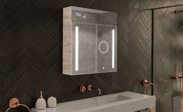 Шкаф за баня с LED огледало с подсветка - 66,5 x 72 cm със стъклени рафтове в цвят Дъб Oslo, дървен, от Artforma