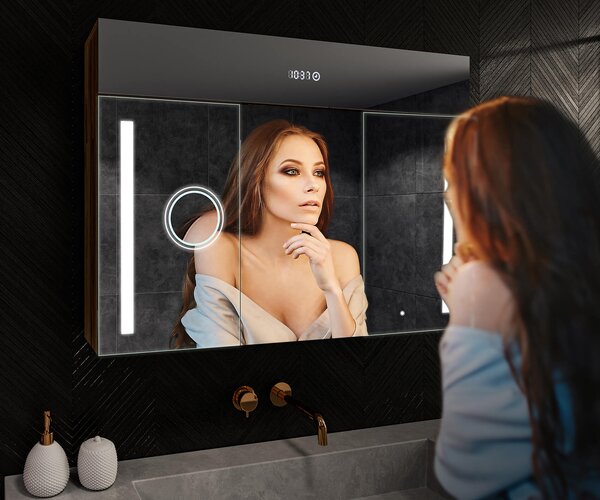 Осветен шкаф с LED огледало, модел Emily L02 - 100 x 72 cm, шкаф за баня с модерен дизайн и конфигурация на ключа за осветлението, в цвят San Marino