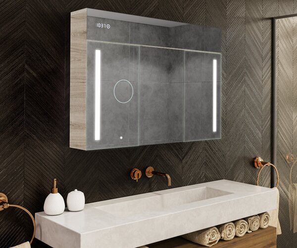 Осветен шкаф с LED огледало, модел Emily L02 - 100 x 72 cm, шкаф за баня с модерен дизайн и конфигурация на ключа за осветлението, в цвят Дъб Oslo
