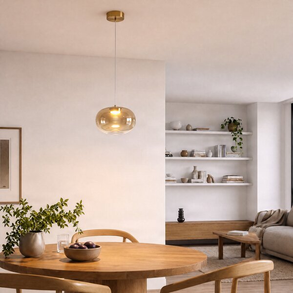 Milagro Lighting LED висяща лампа „Vaso“, кехлибарено оцветена, Ø 18 см, стъкло, Бежов, Дневна/трапезария, Стъкло, Модерен
