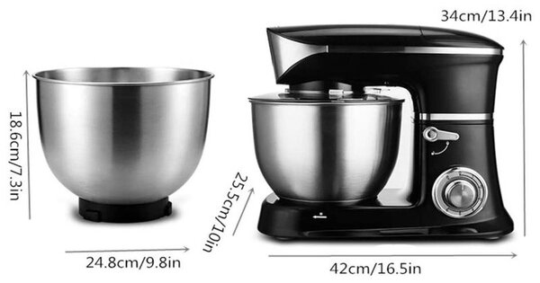 Планетарен миксер с иноксова купа Royalty Line RL-PKM1900.7, 1900W, 6.5 литра, 6 скорости + Pulse, Приставки, Черен