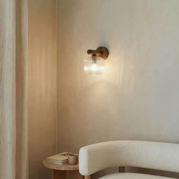 TK Lighting Стена лампа Salvia, кафяво/коняк, стъкло, височина 20 cm, E14, Затъмняване, Дърво, Дневна/трапезария, Стъкло