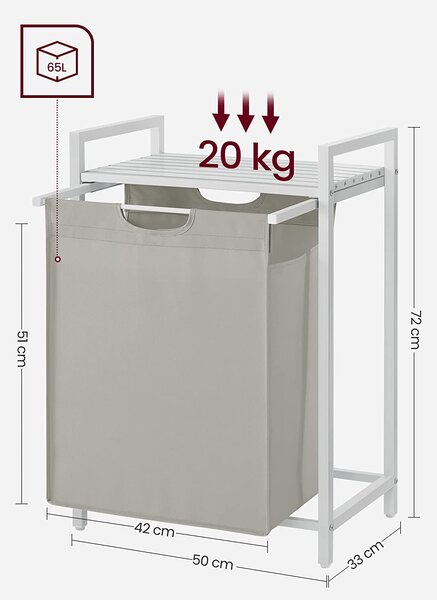 Кош за пране, Кош за мръсни дрехи, Подвижна торба за пране, Рафт, Метална рамка, 65L, 50 x 33 x 72 см, Бял, VASAGLE