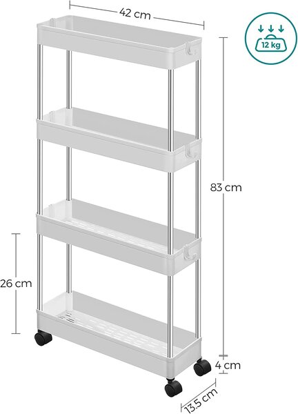 Мобилна количка органайзер с 4 рафта, за малки пространства, кухня, баня, 40 x 12,5 x 88 см бяла