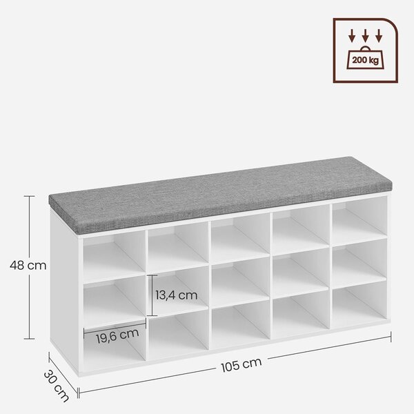 Пейка за обувки с възглавница и 15 отделения, стелаж за съхранение в коридора, издържа до 200 кг, сиво-бяла, VASAGLE