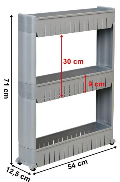 Подвижна стойка органайзер с 3 рафта за баня/тоалетна/перално помещение, сива
