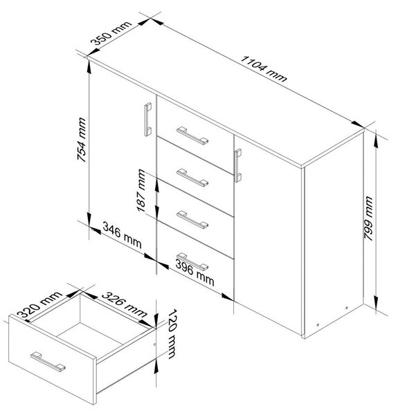 Скрин с 2 врати и 4 чекмеджета 110 x 80 x 35 см сонома