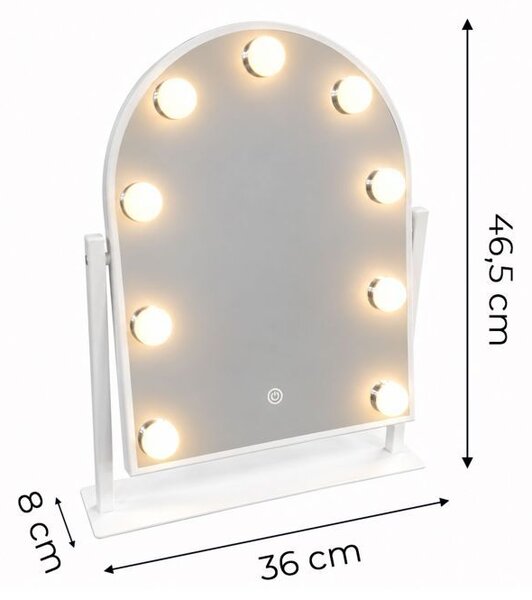 Настолно огледало за грим „Холивуд“ с 9 LED лампи и сензорно управление – 30 x 40 см