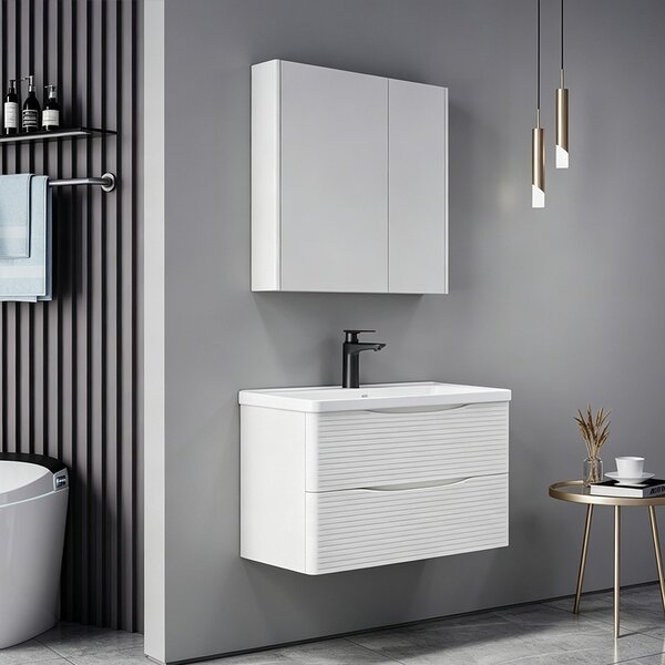 Set mobilier baie inclus lavoar plus masca si dulapior cu oglinda, 2 buc, Tzouena, Alb, 80x50x51.5 cm