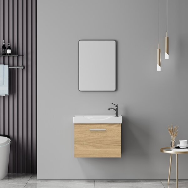 Set mobilier baie inclus lavoar plus masca si dulapior cu oglinda, 2 buc, Renza, Stejar, 50x30x42.5 cm