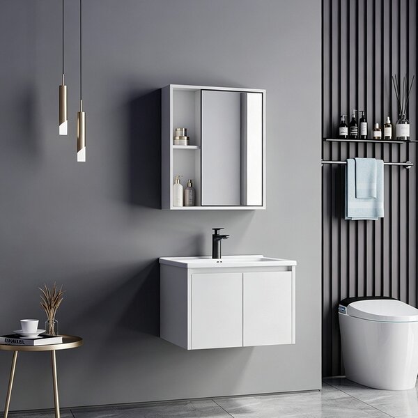 Set mobilier baie inclus lavoar plus masca si dulapior cu oglinda, 2 buc, Chinky, Alb, 60x47x48 cm