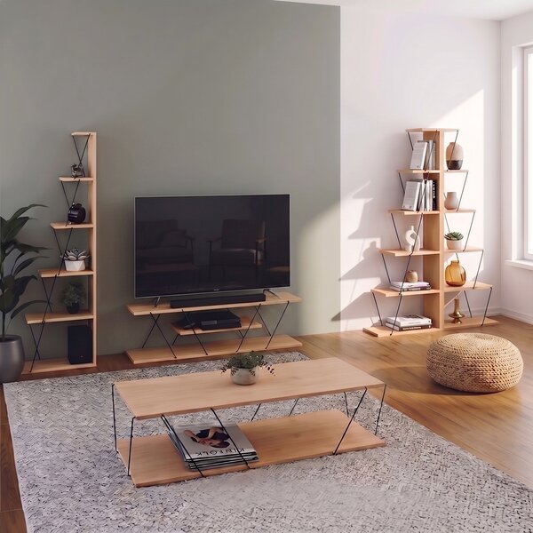 Set mobilier living masuta de cafea, 2 biblioteci si comoda TV, 4 buc, Tars, Stejar, 120x50x30 cm