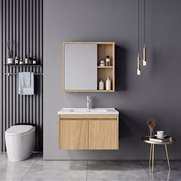 Set mobilier baie inclus lavoar cu baterie plus masca si dulapior cu oglinda, 2 buc, Sinkea Mentis, Stejar, 61x47x46.5 cm
