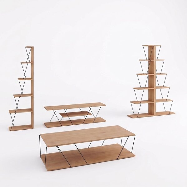 Set mobilier living masuta de cafea, 2 biblioteci si comoda TV, 4 buc, Tars, Stejar, 120x50x30 cm