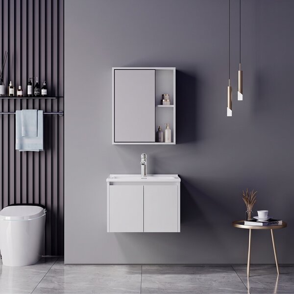 Set mobilier baie inclus lavoar cu baterie plus masca si dulapior cu oglinda, 2 buc, Chinky Mentis, Alb, 60x47x48 cm