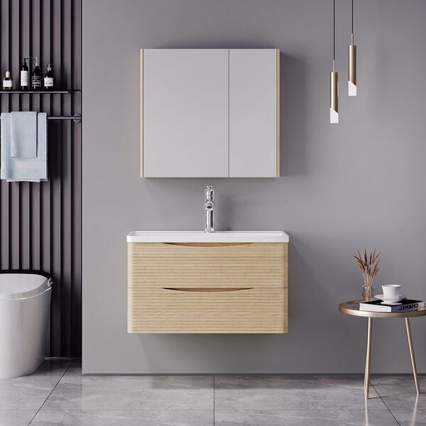 Set mobilier baie inclus lavoar cu sertar si baterie plus dulapior dublu cu oglinda, 2 buc, Tzouena Mentis, Stejar, 84x51.5x57 cm