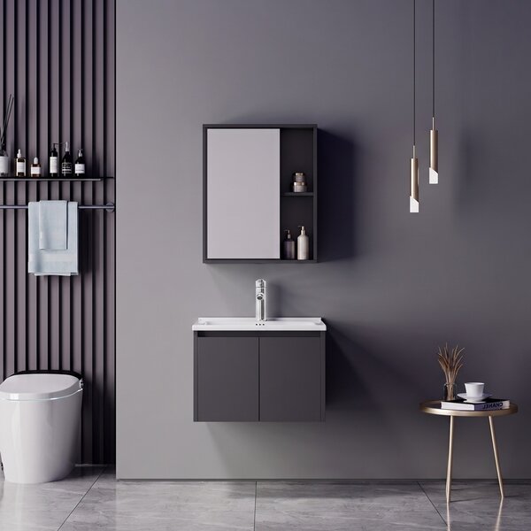 Set mobilier baie inclus lavoar cu baterie plus masca si dulapior cu oglinda, 2 buc, Chinky Mentis, Antracit, 60x47x48 cm