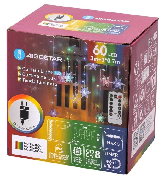 Aigostar - LED Външен коледен гирлянд 60xLED/8 функции 6x0,7 m IP44 многоцветен + дистанционно управление