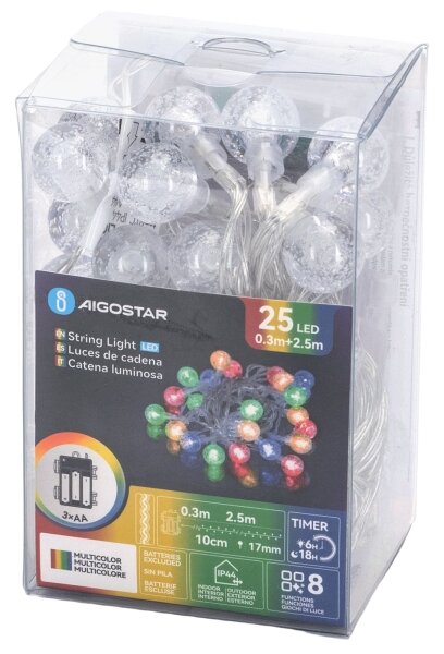 Aigostar - LED Външен коледен гирлянд 25xLED/8 режима 3xAA 2,8m IP44 многоцветен