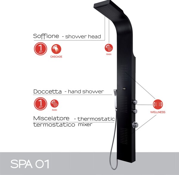 Многофункционален душ панел GEDY Spa 01, термостатен миксер, черен