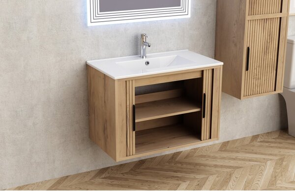 ШКАФ ЗА БАНЯ AREZZO 8045 WOODEN + УМИВ.8066 БЯЛ