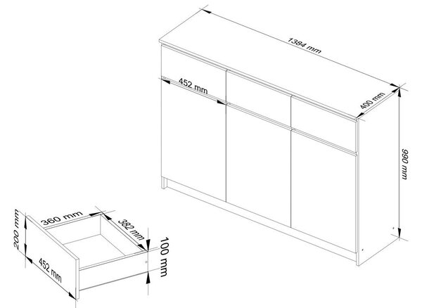 Скрин с 3 врати 3 чекмеджета 138 x 99 x 40 см елша