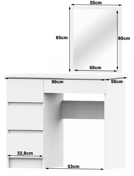 Тоалетка с огледало и чекмеджета вляво, бяла 90 х 50 см
